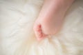 Small bare feet of a little baby girl or boy. Sleeping newborn child. Royalty Free Stock Photo