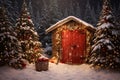 A small barn in the woods with a red door decorated with Christmas decorations