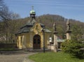 Small Baroque chapel at the entrance to areal of Basilica of the Visitation Virgin Mary in spring, Hejnice, Jizera