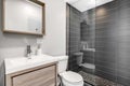 A small bathroom with a light wood vanity and a grey tiled shower. Royalty Free Stock Photo