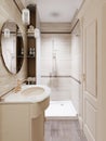 A small bathroom with a shower and toilet and ceramic tiles on the walls and floor is beige