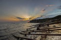 Seascape. A sunrise over the Old quay. Resort Sinemorets, Southern Black Sea Coast, Bulgaria. Royalty Free Stock Photo