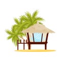 Small beach house with big windows. Tropical wooden bungalow and green palm trees on background. Flat vector design Royalty Free Stock Photo