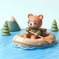 A small bear with an oar is sailing on a boat.