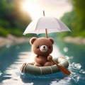 A small bear with an oar and an umbrella is sailing on a boat.