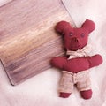 A small bear sewn by hand by a child. Soft toy bear