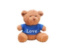 Small bear wear a blue shirt isolated with white background. Typo word `Love` on shirt