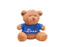 Small bear wear a blue shirt isolated with white background. Typo word `Love` on shirt