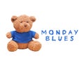 Small bear wear a blue shirt isolated with white background. Typo word `Moday Blues`