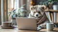 A small bear wearing a sweater is sitting at the table, AI