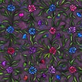 Small beautiful flowers with leaves on dark purple background. Bright cornflowers in check pattern. Seamless pattern. Royalty Free Stock Photo