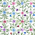 Small beautiful flowers with leaves on white background. Bright cornflowers in check seamless pattern. Watercolor painting.