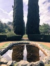 A small beautiful home fountain, a pond in the backyard garden in the construction of tall trees, bushes, green thujas, larches Royalty Free Stock Photo