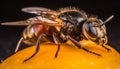 Small bee collecting pollen on yellow flower in nature macro generated by AI Royalty Free Stock Photo