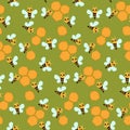 A small bee with hundredths on a green background. Beautiful seamless pattern with honey bees. Beautiful vector