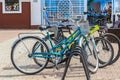 Russia, Kostroma, July 2020. Various bicycles on the waterfront.