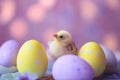 Small bird chick between yellow and purple Easter eggs. Generative AI