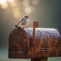 A small bird, likely a sparrow, perches on a rusted metal mailbox Royalty Free Stock Photo