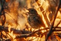 Small Bird Perched on a Branch Amidst Vibrant Flames, Golden Light, and Natural Wildfire Concept