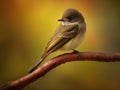 Small bird is perched on branch of tree, sitting comfortably. The bird appears to be looking at something in distance Royalty Free Stock Photo