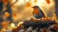 Small bird perched in a nest surrounded by autumn leaves Generative AI