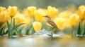 Small Bird Perched on Rock Among Yellow Tulips Royalty Free Stock Photo