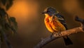 Small bird perching on twig, yellow feathers in focus generated by AI