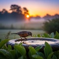An American robin (Turdus migratorius), perches on a stone birdbath, Royalty Free Stock Photo