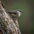 A small bird, resembling a warbler, is perched on a tree trunk. The bird features a brow Royalty Free Stock Photo
