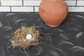 Small bird`s nest with white egg on dark vintage table. Close-up. Procreation concept, Happy Easter