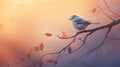 A small bird sits on a branch in the sunset, AI