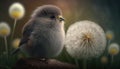 a small bird sitting on top of a dandelion. generative ai