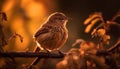 Small bird sitting on twig, watching sunset generated by AI