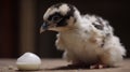 a small bird standing next to an egg on the ground with a black and white face on it\'s head and a wh Royalty Free Stock Photo