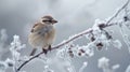 A small bird stands perched on a frostcovered branch its feathers puffed up for warmth as it scans the snowy landscape