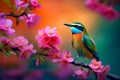 Small bird on tree branch with flowers. Generate ai