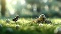 A small bird is walking on the grass next to a nest with two eggs