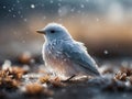 small bird with white feathers and snow falling on frozen ground and plants