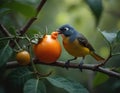 Small bird with yellow chest eats orange fruit from tree branch. Tiny wild animal pecks ripe persimmon, feeding on nature bounty. Royalty Free Stock Photo