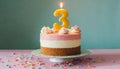 Small birthday cake with burning candle, number three. 3 years old. Third anniversary. Tasty festive dessert Royalty Free Stock Photo