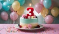 Small birthday cake with burning candle, number three. 3 years old. Third anniversary. Tasty festive dessert Royalty Free Stock Photo