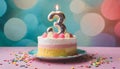 Small birthday cake with burning candle, number three. 3 years old. Third anniversary. Tasty festive dessert Royalty Free Stock Photo