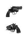 Small black gun revolver isolate on white background. Pocket pistol for self-defense. Ladies` revolver. Spy Weapon