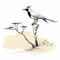 African-inspired Ink-wash Landscape: Bird Perched On Stump