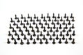 Small black wood screws bedbugs lined up in rows, isolated on a white background, the idea is the concept of free space for text