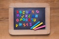 Small blackboard with color chalks and color English alphabets,