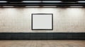 Small blank billboard in subway station, poster mockup on white tiled wall. Empty space for advertising in urban underground.