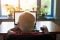 Small blond boy sitting at a laptop. Back view Royalty Free Stock Photo