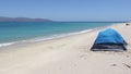 Small blue-and-black camping tent on a sandy beach, Punta Arena de La Ventana, BCS, Mexico