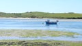 A small blue boat on a shoal at low tide on a sunny day Royalty Free Stock Photo